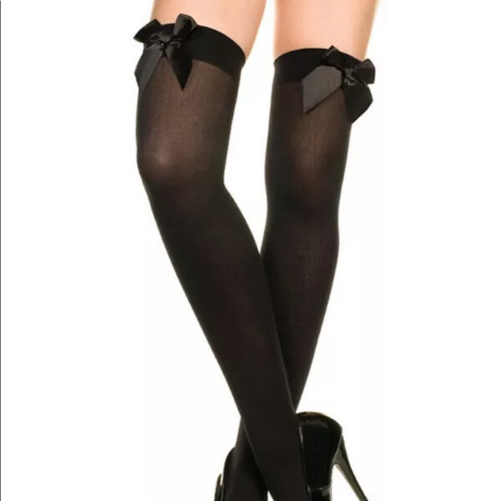 Black thigh high tights with bow